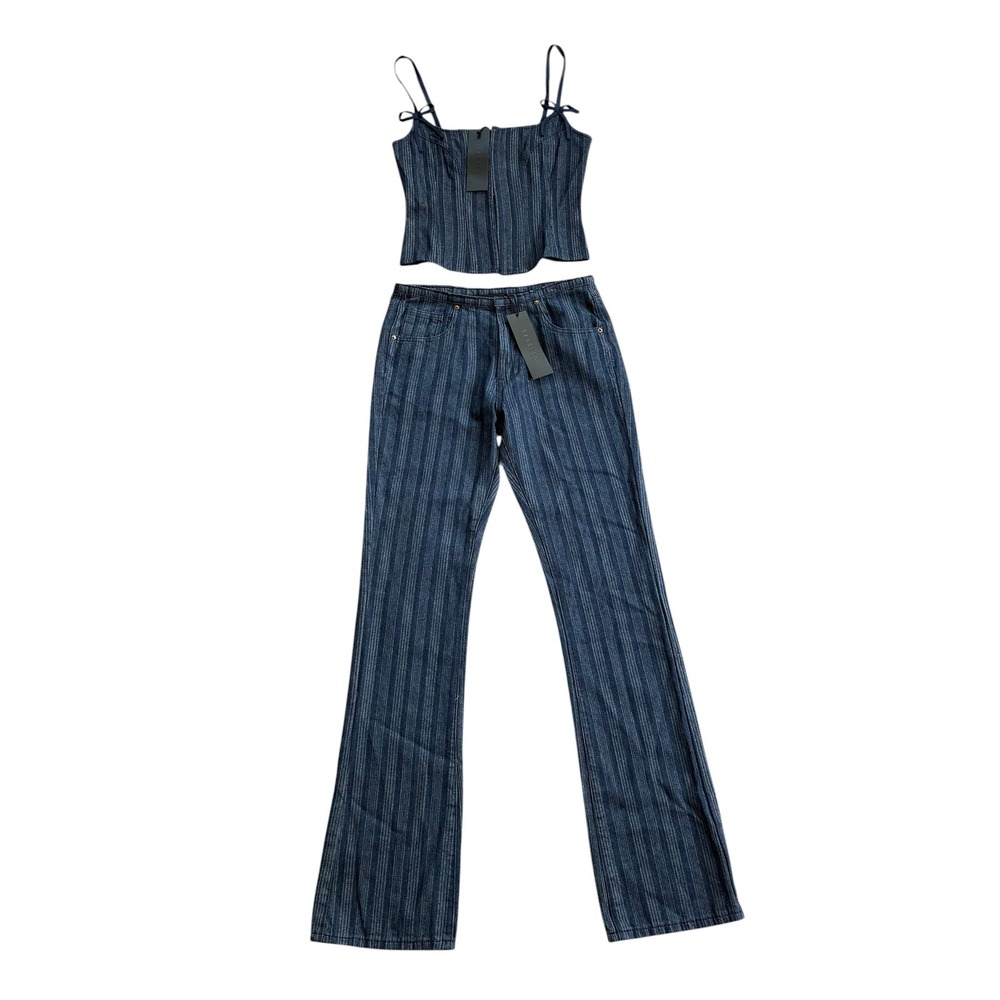 Lioness Charismatic Pinstripe Denim Set Corset Top S and Flare Jeans XS Blue - Picture 4 of 16